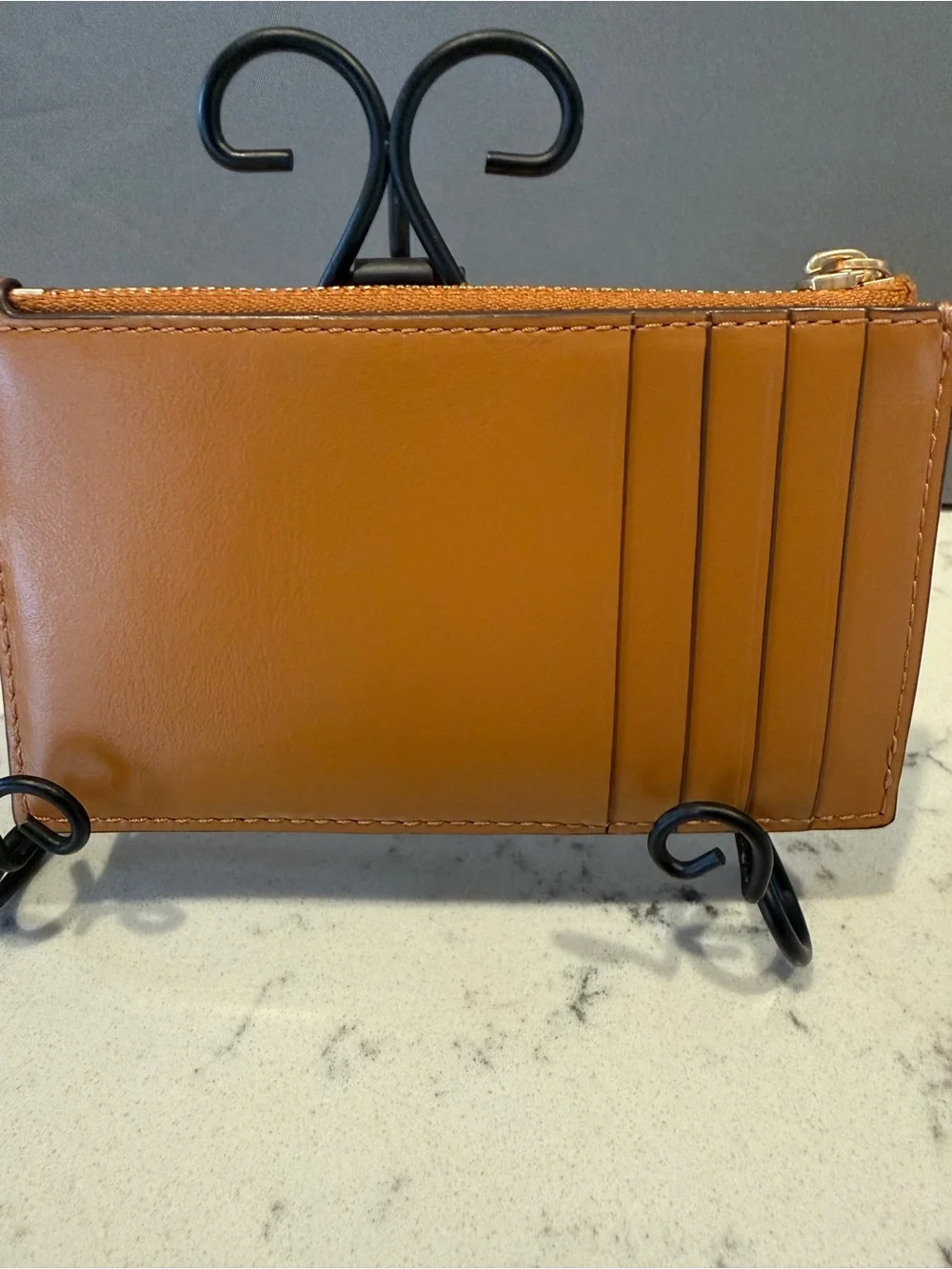 Tory Burch Caramel Quilted Leather Zip Card Holder with Gold Logo